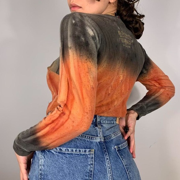 HARLEY DAVIDSON VINTAGE y2k RHINESTONE NY LONG SLEEVE ORANGE DYED SHIRT - Picture 3 of 4
